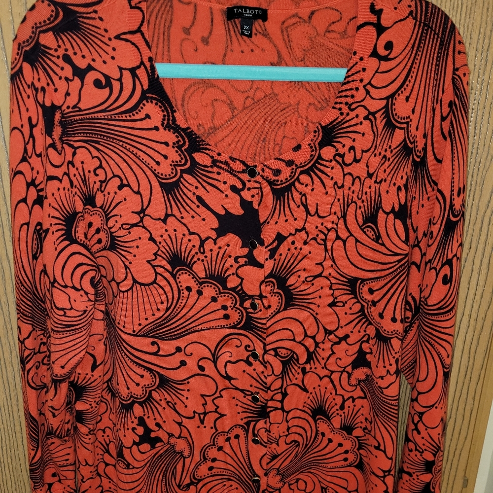 Talbots Soft Cardigan Sweater in Floral Orange and black.  2X